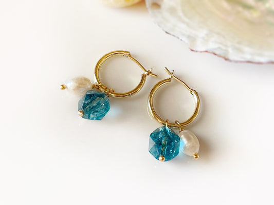 London blue topaz pearl gold hoop earrings, handmade natural dark blue gemstone earrings, gift for her, gift for mom, December birthstone