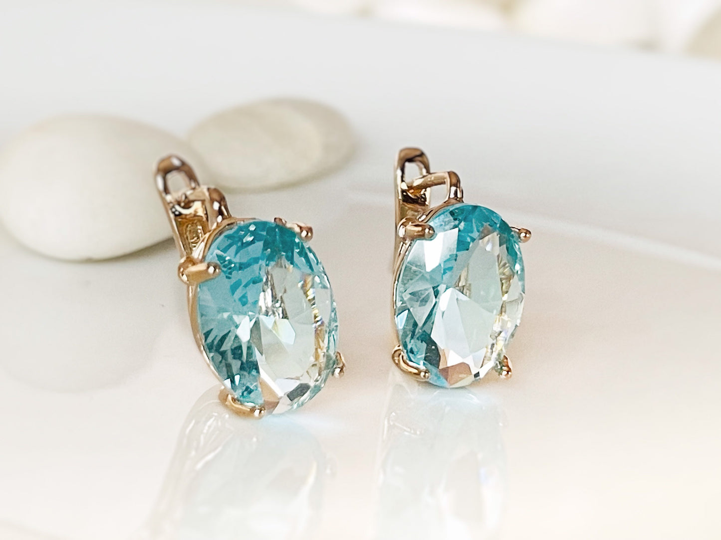 Large aquamarine stud leverback earrings, light blue cushion cut bridal earrings, March birthstone, gift for her, gift for mom
