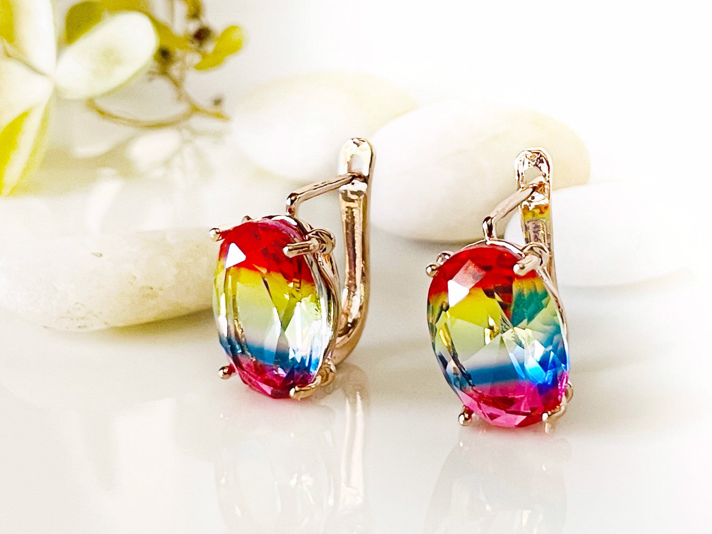 Large rainbow gem stud leverback earrings, multicolor cushion cut earrings, gift for her, gift for mom, statement stud earrings