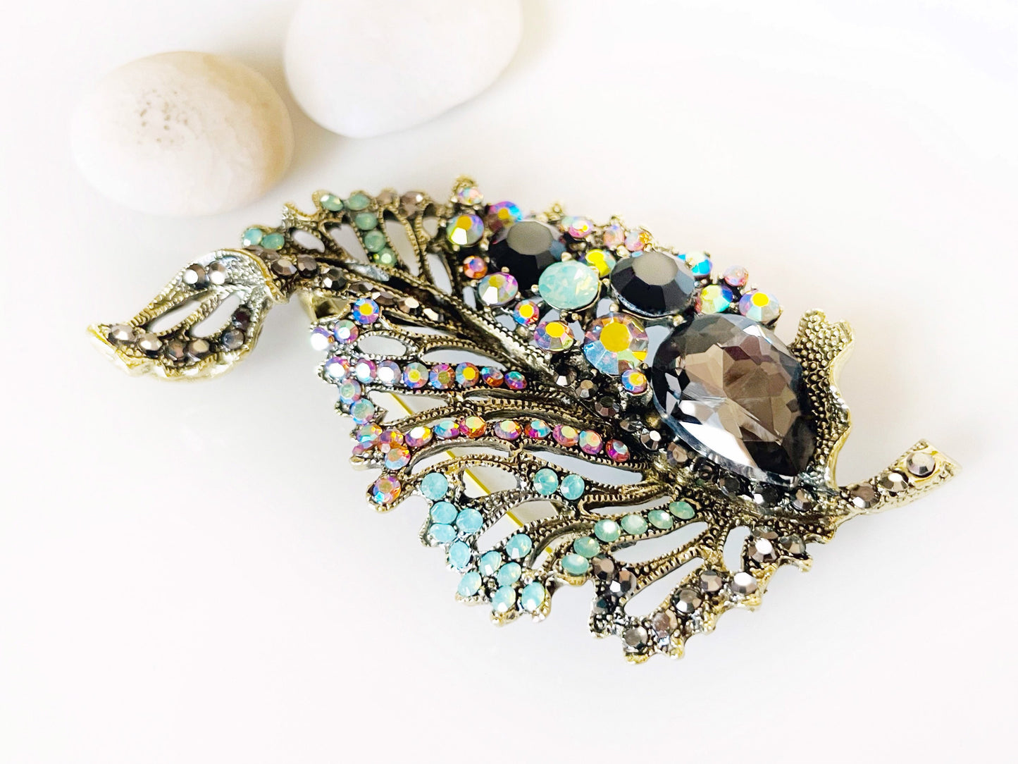 Large Fancy crystal leaf brooch pendant, multicolored opal green black statement crystal brooch in antique gold, gift for mom, gift for her