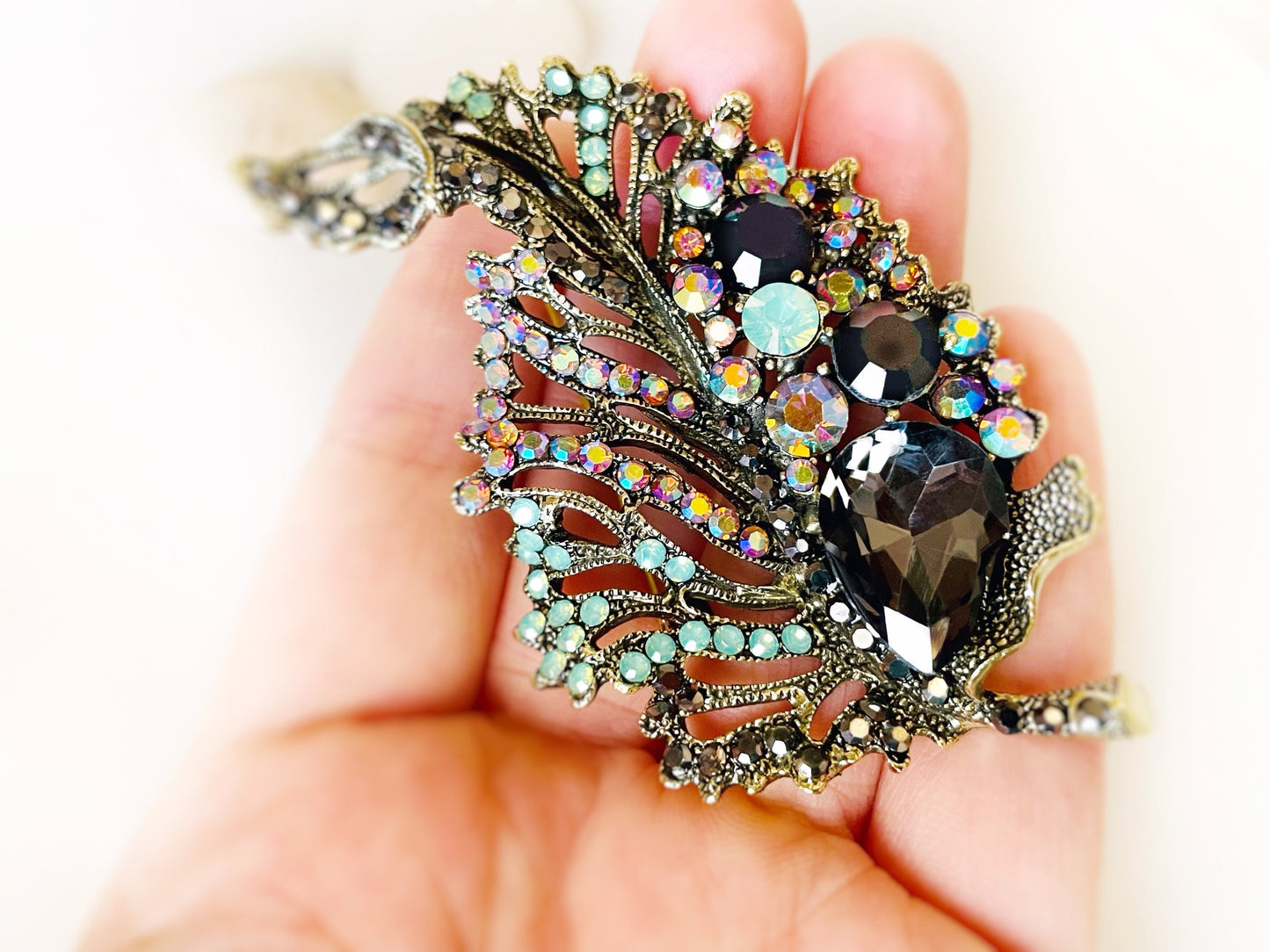 Large Fancy crystal leaf brooch pendant, multicolored opal green black statement crystal brooch in antique gold, gift for mom, gift for her