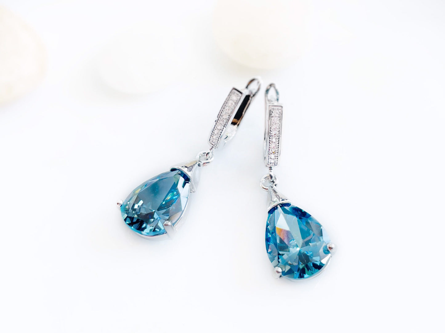 London blue topaz gemstone dangling earring in 18K white gold, bridal earrings, gift for her, gift for mom, December birthstone