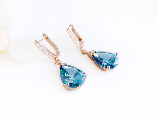 London blue topaz gemstone dangling earring in 14K rose gold, bridal earrings, gift for her, gift for mom, December birthstone