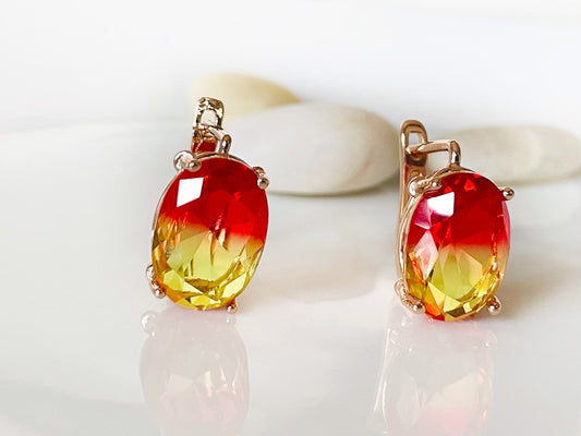 Large imperial topaz stud leverback earrings, orange yellow cushion cut earrings, gift for her, gift for mom, statement stud earrings