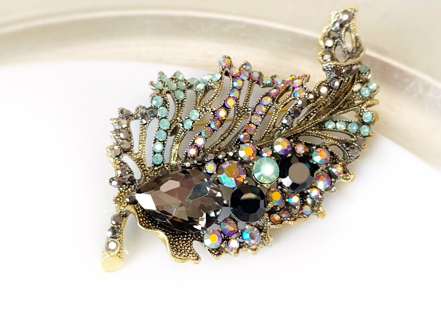 Large Fancy crystal leaf brooch pendant, multicolored opal green black statement crystal brooch in antique gold, gift for mom, gift for her