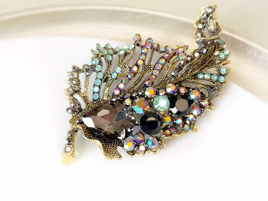 Large Fancy crystal leaf brooch pendant, multicolored opal green black statement crystal brooch in antique gold, gift for mom, gift for her