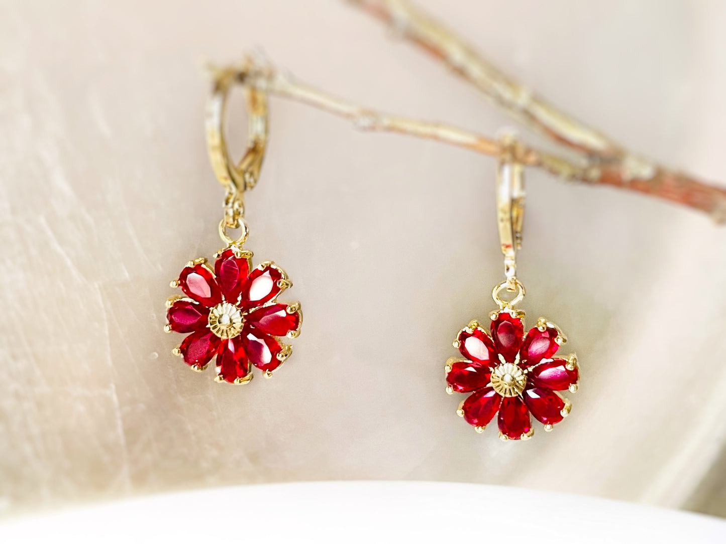 Ruby daisy 2pc jewelry set, ruby red gemstone flower