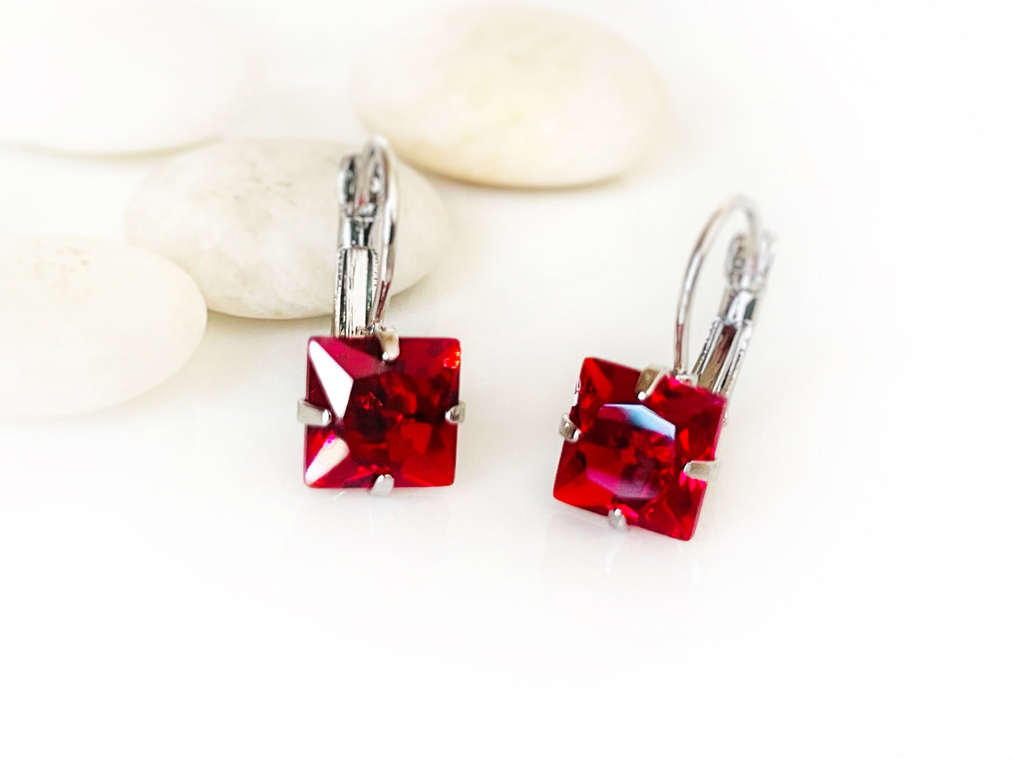 Ruby solitaire princess cut lever back earrings, red gemstone stud, July birthstone, gift for mom, simple stud leverback