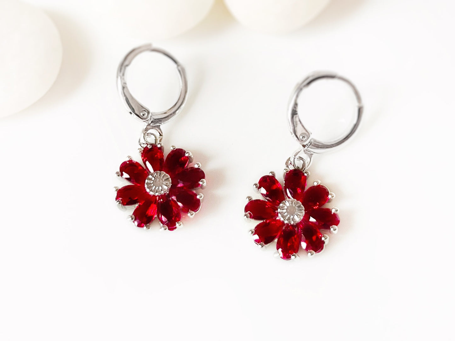 Ruby flower stud earrings 925 silver posts, red gemstone daisy flower stud earrings, July birthstone earrings, gift for mom, gift for her