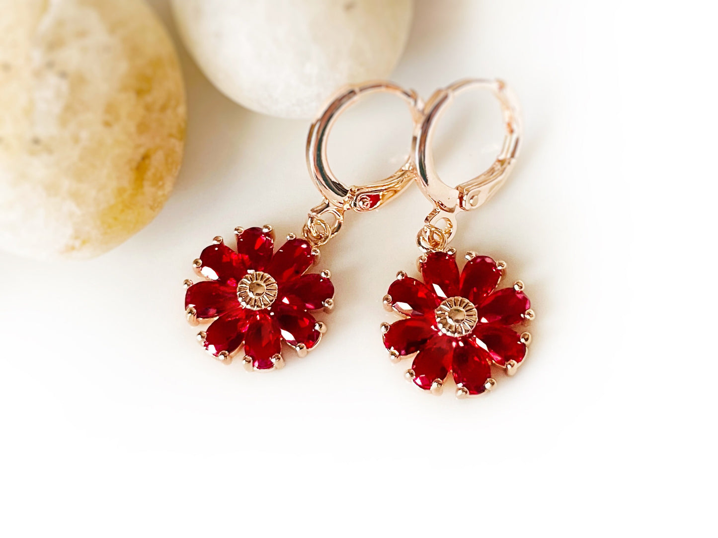 Ruby daisy 2pc jewelry set, ruby red gemstone flower