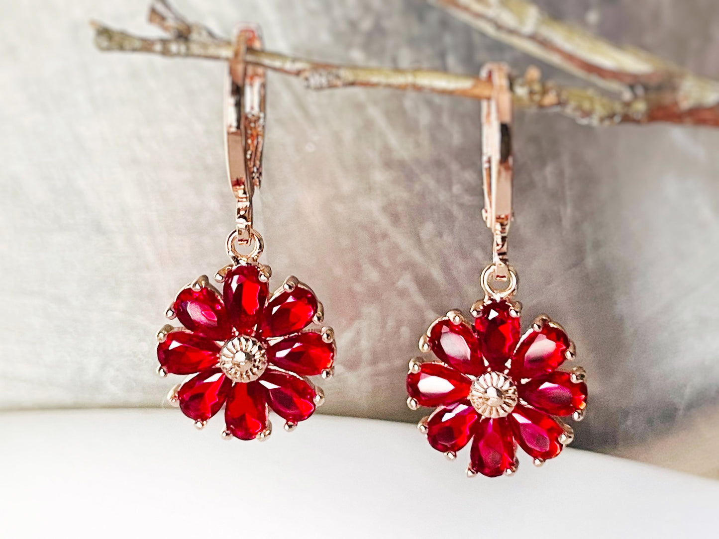 Ruby daisy 2pc jewelry set, ruby red gemstone flower