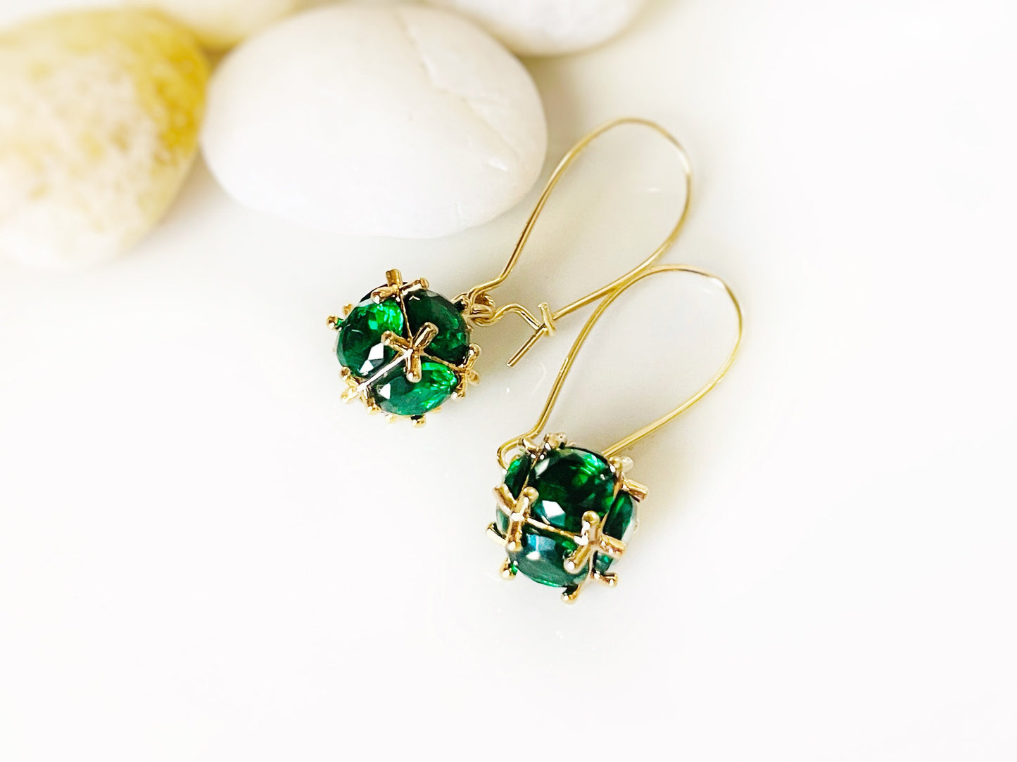 Emerald ball dangle earrings, green ball drop earrings, May birthstone earrings, gift for mom, gift for her