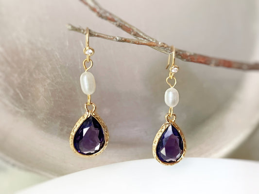 Amethyst pearl long dangle earrings gold, dark purple crystal pearl bridal earrings, gift for her, February birthstone, bridesmaids earrings