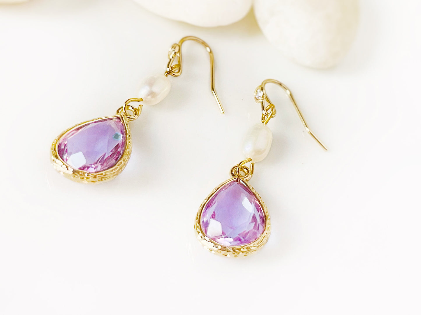 Light amethyst pearl long dangle earrings gold, light purple lavender crystal pearl bridal earrings, gift for her, February birthstone