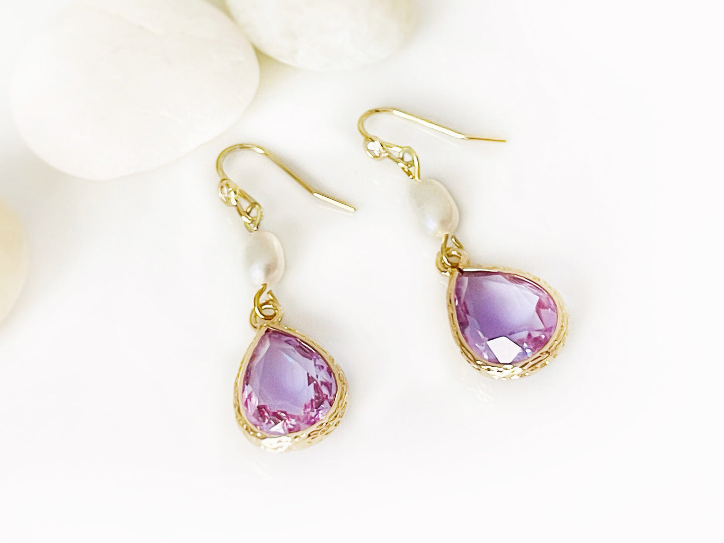 Light amethyst pearl long dangle earrings gold, light purple lavender crystal pearl bridal earrings, gift for her, February birthstone