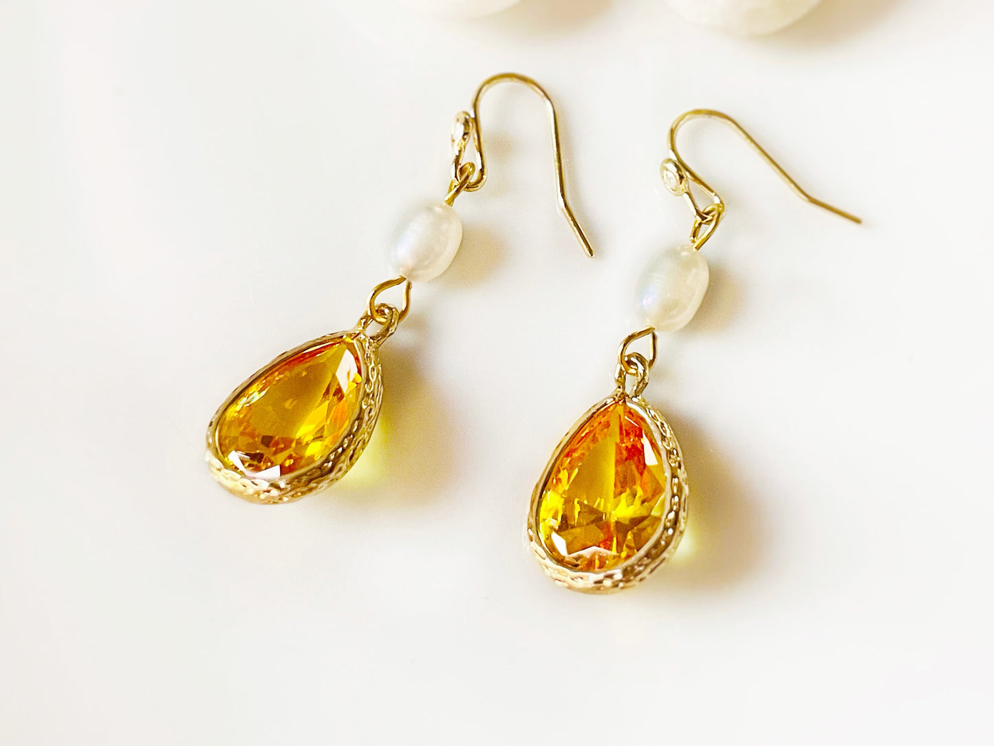 Citrine pearl long dangle earrings gold, yellow crystal pearl bridal earrings, gift for her, November birthstone, bridesmaids earrings