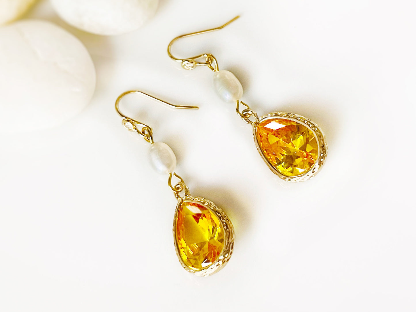 Citrine pearl long dangle earrings gold, yellow crystal pearl bridal earrings, gift for her, November birthstone, bridesmaids earrings