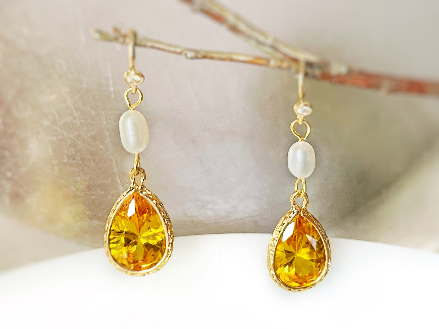 Citrine pearl long dangle earrings gold, yellow crystal pearl bridal earrings, gift for her, November birthstone, bridesmaids earrings