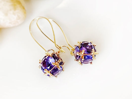 Amethyst ball dangle earrings, purple crystal ball drop earrings