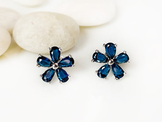 Small sapphire flower stud earrings, dark blue gemstone flower studs, gift for her, gift for girls, September birthstone