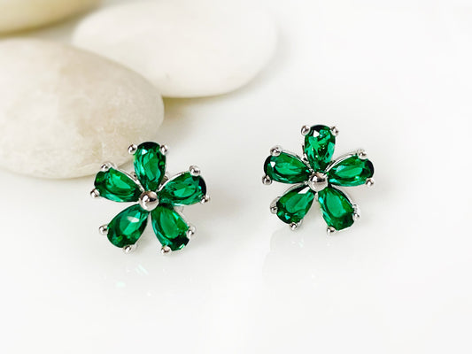 Small emerald flower stud earrings, green gemstone flower studs, gift for her, gift for girls, November birthstone