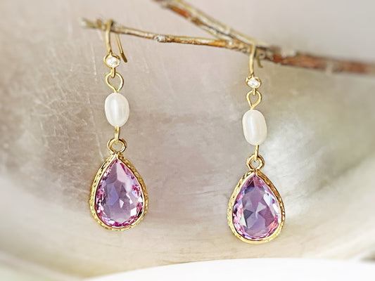 Light amethyst pearl long dangle earrings gold, light purple lavender crystal pearl bridal earrings, gift for her, February birthstone