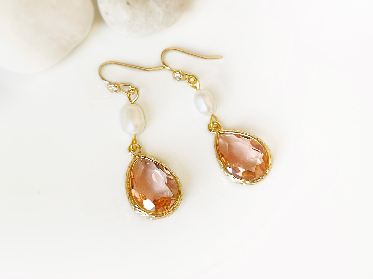 Morganite crystal pearl long dangle earrings gold, pale peach bridal earrings, gift for her, October birthstone, bridesmaid earrings