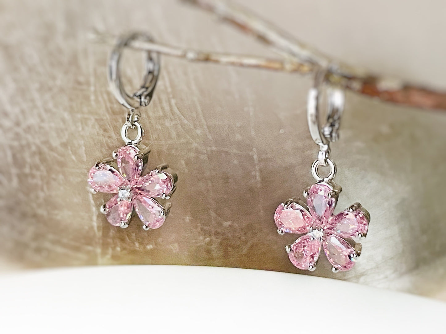 Pink sapphire flower dangle earrings, amethyst 2pc jewelry set, rainbow flower earrings, birthstone earrings, gift for her