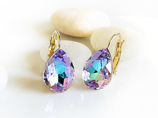 Mystic amethyst crystal teardrop earrings, lavender blue color earrings, fancy crystal studs, gift for mom, gift for her