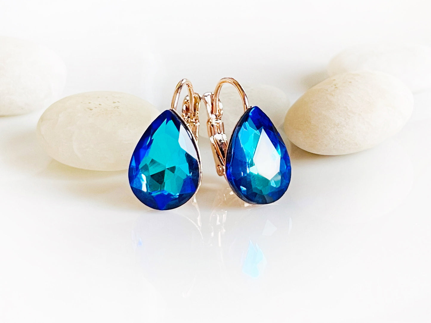 Bermuda Blue dangle earrings, blue crystal lever back studs, fancy blue Crystal, bridal earrings, gift for her