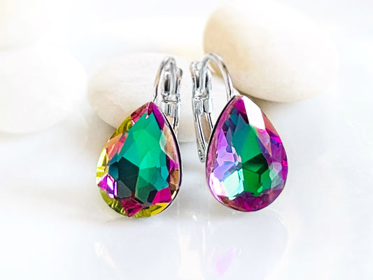 Green pink Fancy crystal Stud earrings, solitaire lever back studs, fancy crystal teardrop, gift for mom, bridal earrings