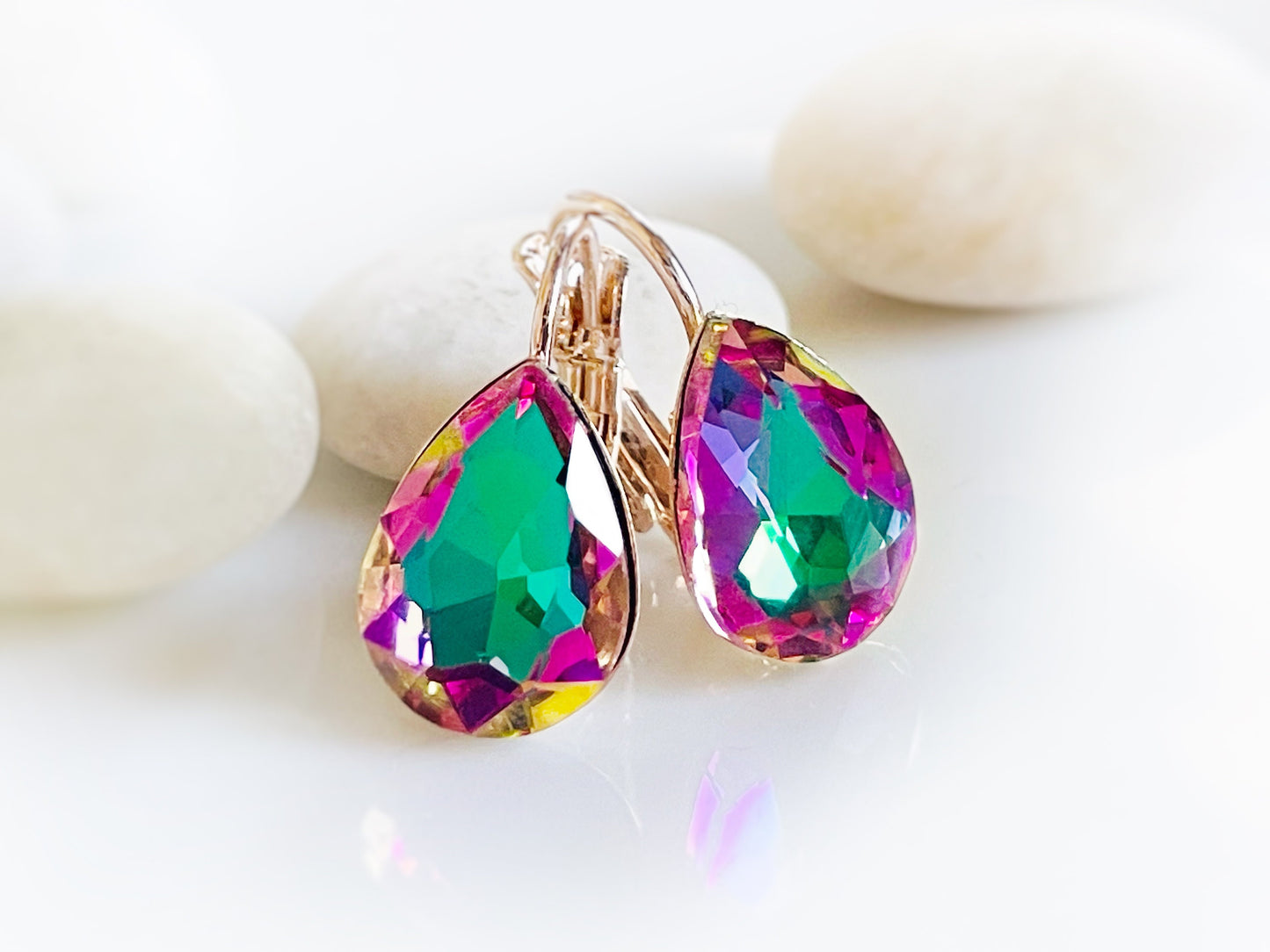 Green pink Fancy crystal Stud earrings, solitaire lever back studs, fancy crystal teardrop, gift for mom, bridal earrings