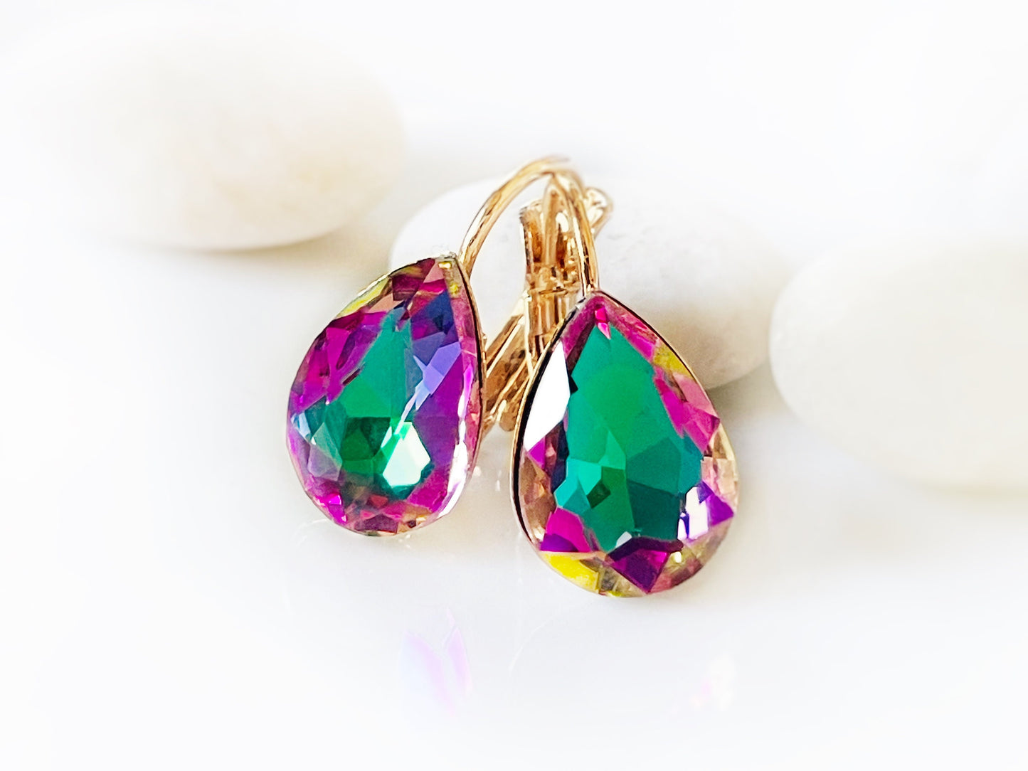 Green pink Fancy crystal Stud earrings, solitaire lever back studs, fancy crystal teardrop, gift for mom, bridal earrings