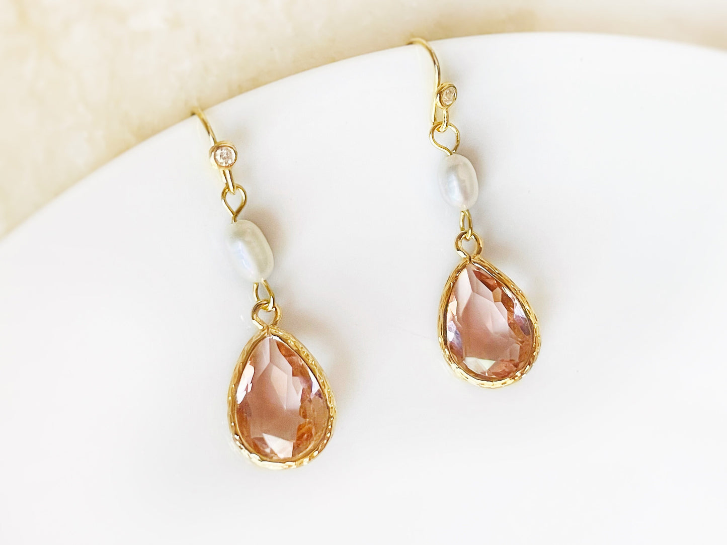 Morganite crystal pearl long dangle earrings gold, pale peach bridal earrings, gift for her, October birthstone, bridesmaid earrings