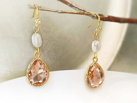 Morganite crystal pearl long dangle earrings gold, pale peach bridal earrings, gift for her, October birthstone, bridesmaid earrings