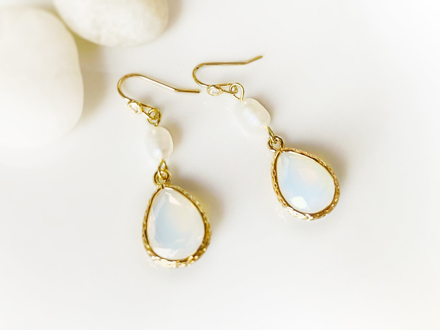 White opal crystal pearl long dangle earrings gold, white gemstone bridal earrings, gift for her, bridesmaid earrings