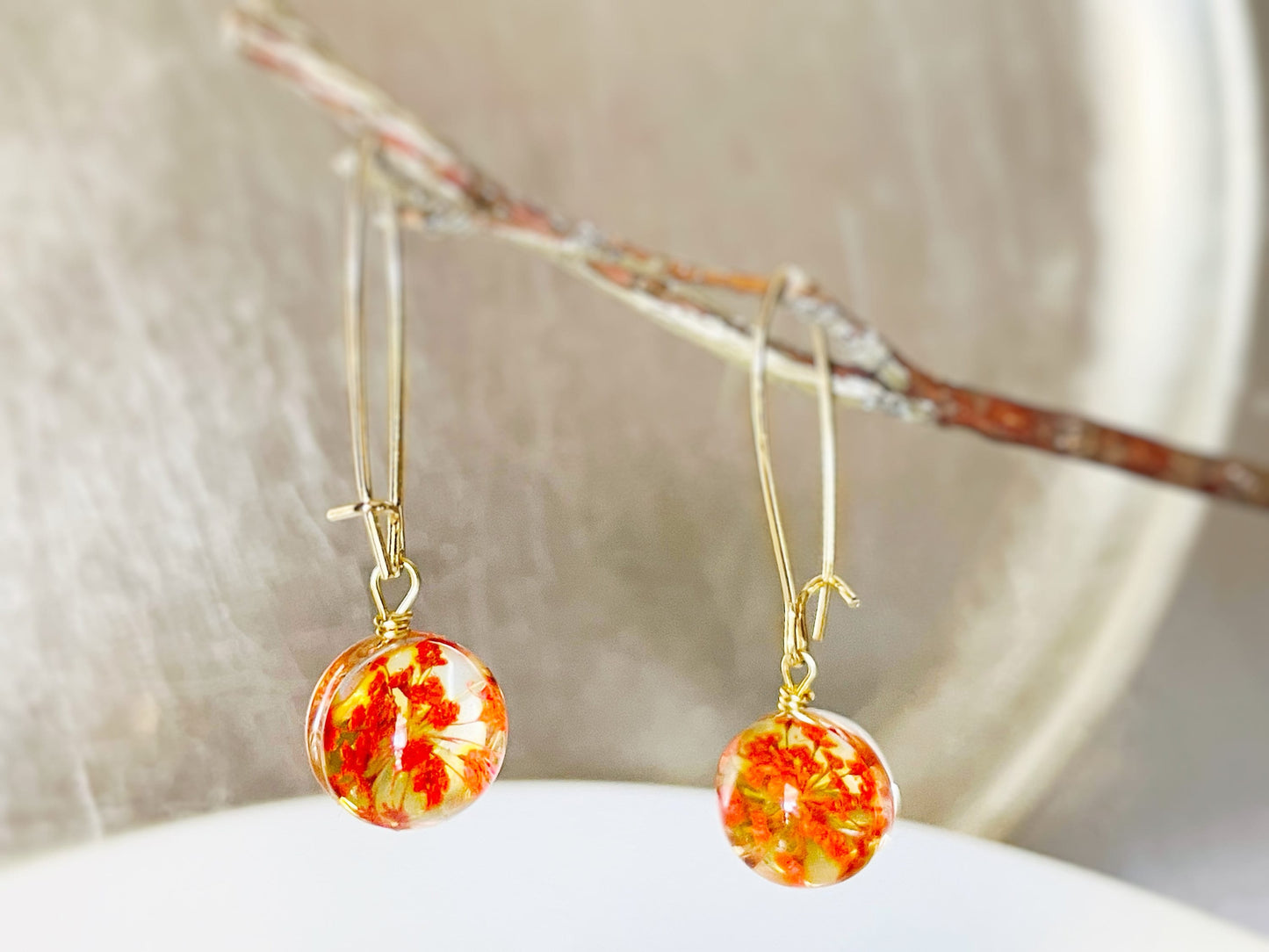 Orange fresh flower ball dangle earrings, fresh dried flower resin ball drop earrings, gift for mom, gift for her