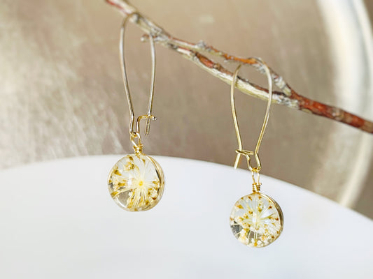 Yellow fresh flower ball dangle earrings, fresh dried flower resin ball drop earrings, gift for mom, gift for her