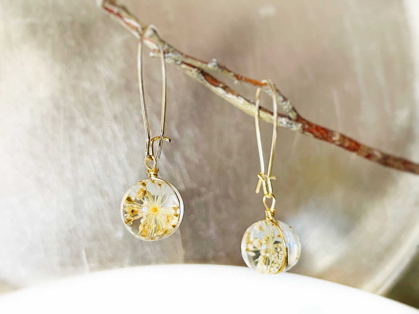 Orange fresh flower ball dangle earrings, fresh dried flower resin ball drop earrings, gift for mom, gift for her