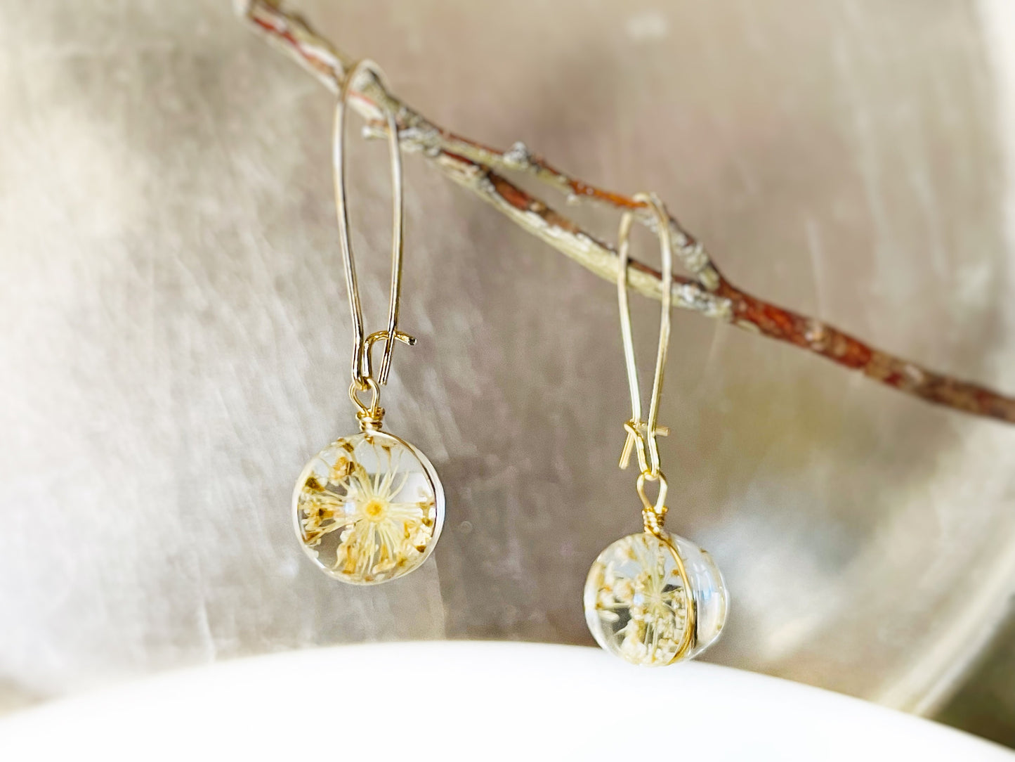 Blue fresh flower ball dangle earrings, fresh dried flower resin ball drop earrings, gift for mom, gift for her