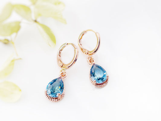 London blue topaz huggie dangling earrings, blue gemstone bezel earrings, gift for her, gift for mom, December birthstones