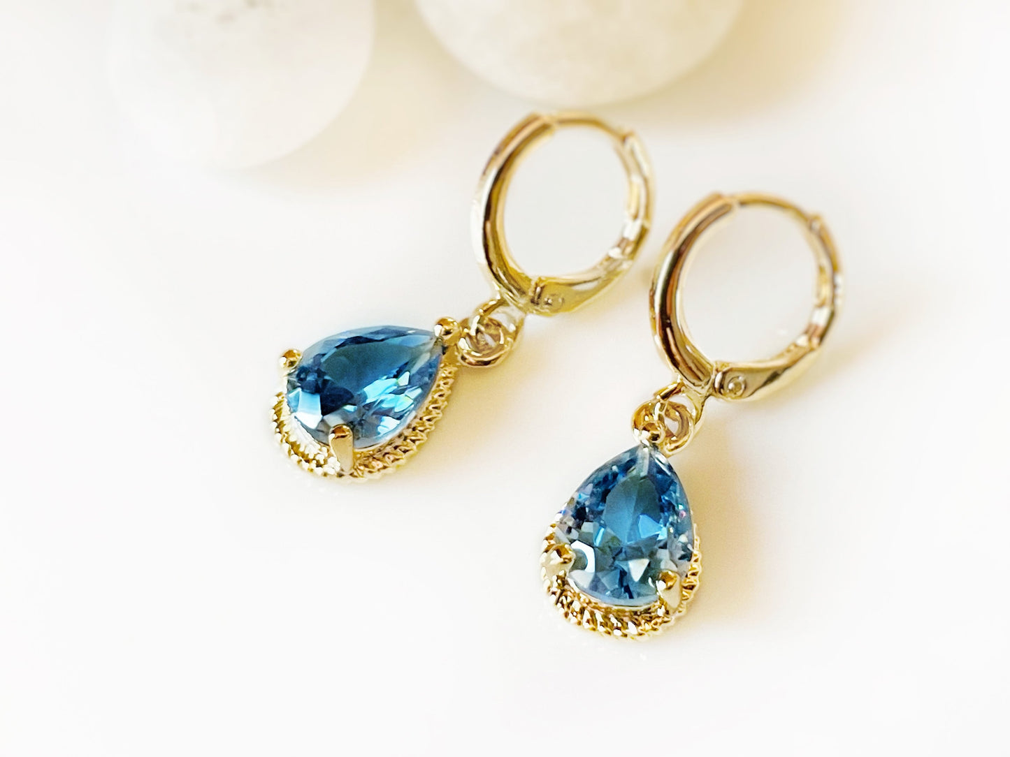 London blue topaz huggie dangling earrings gold, December birthstones, blue gemstone bezel earrings, gift for her, gift for mom