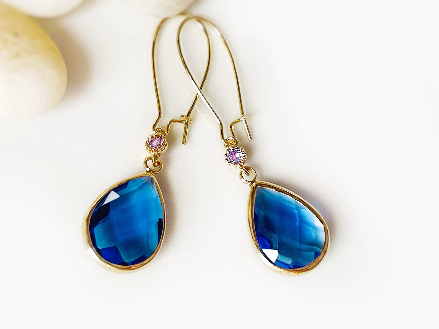 Large teardrop sapphire blue long dangle earrings gold, blue long drop earring, gift for her, bridal statement earring, September birthstone