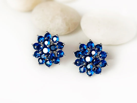 Blue sapphire stud earrings, dark blue flower studs, snowflake earrings with 925 silver posts, gift for her, gift for mom, Sept birthstone