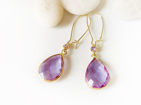 Large amethyst long dangle earrings gold, purple gemstone long teardrop earring, gift for her, bridal statement earring, Febrary birthstone