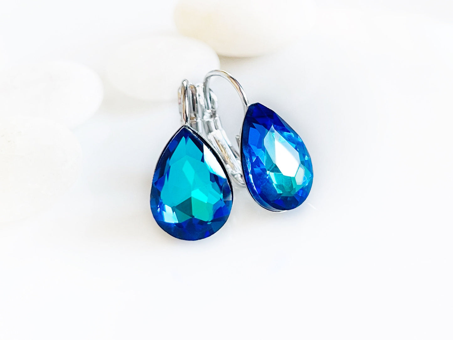 Bermuda Blue dangle earrings, blue crystal lever back studs, fancy blue Crystal, bridal earrings, gift for her