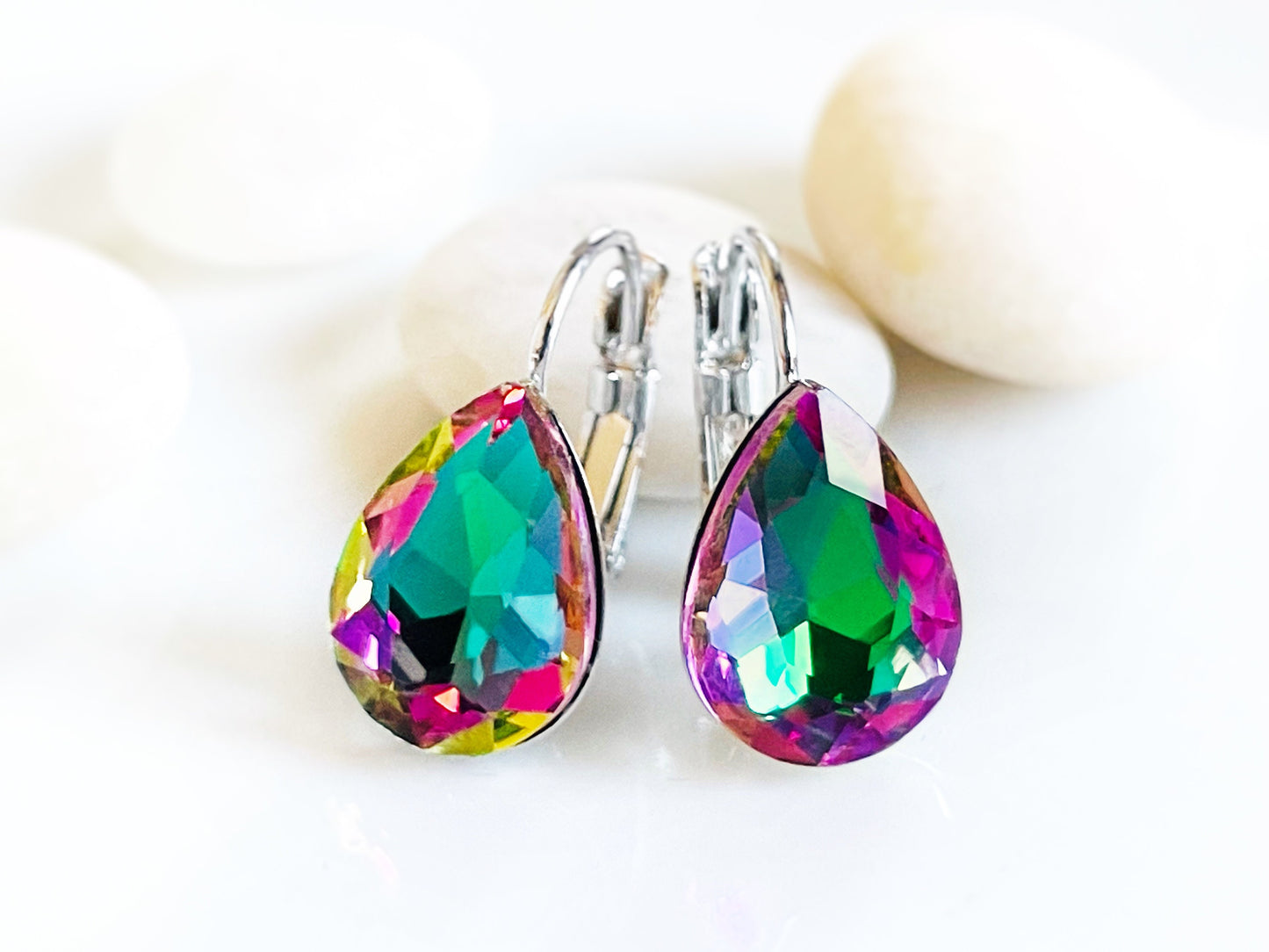 Green pink Fancy crystal Stud earrings, solitaire lever back studs, fancy crystal teardrop, gift for mom, bridal earrings