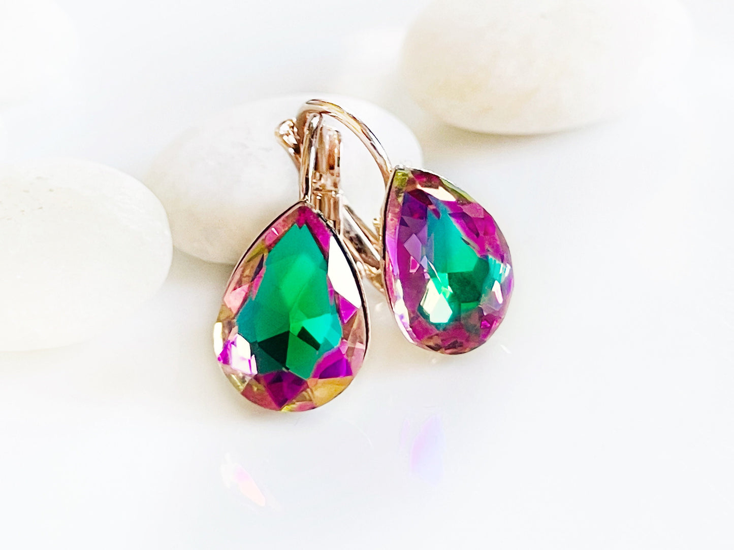 Green pink Fancy crystal Stud earrings, solitaire lever back studs, fancy crystal teardrop, gift for mom, bridal earrings