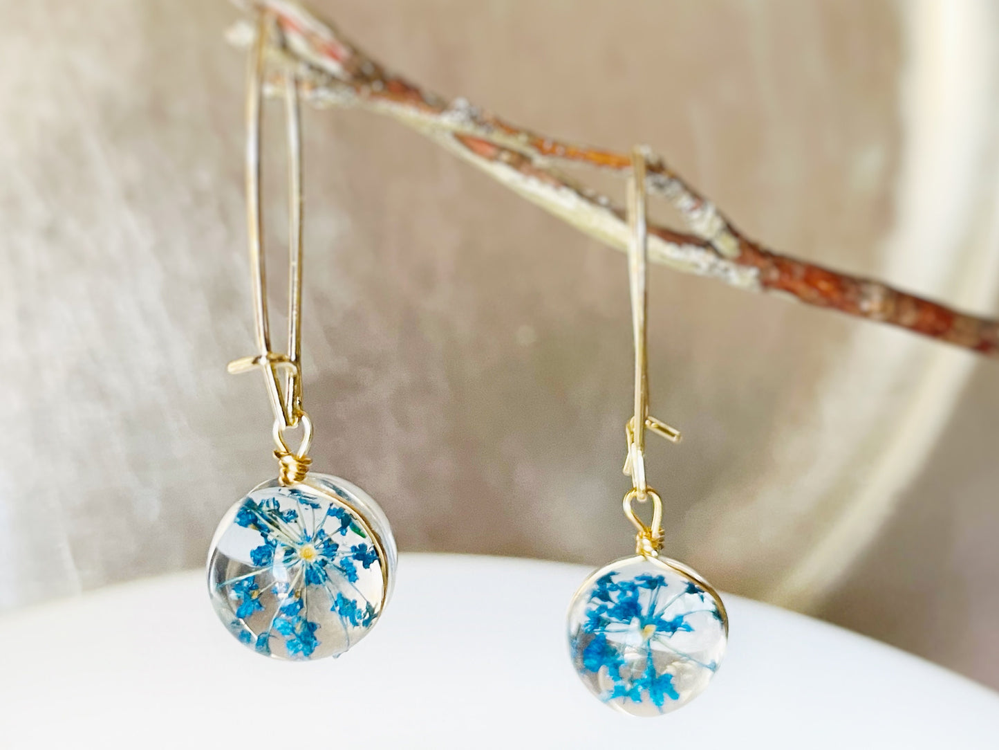 Blue fresh flower ball dangle earrings, fresh dried flower resin ball drop earrings, gift for mom, gift for her