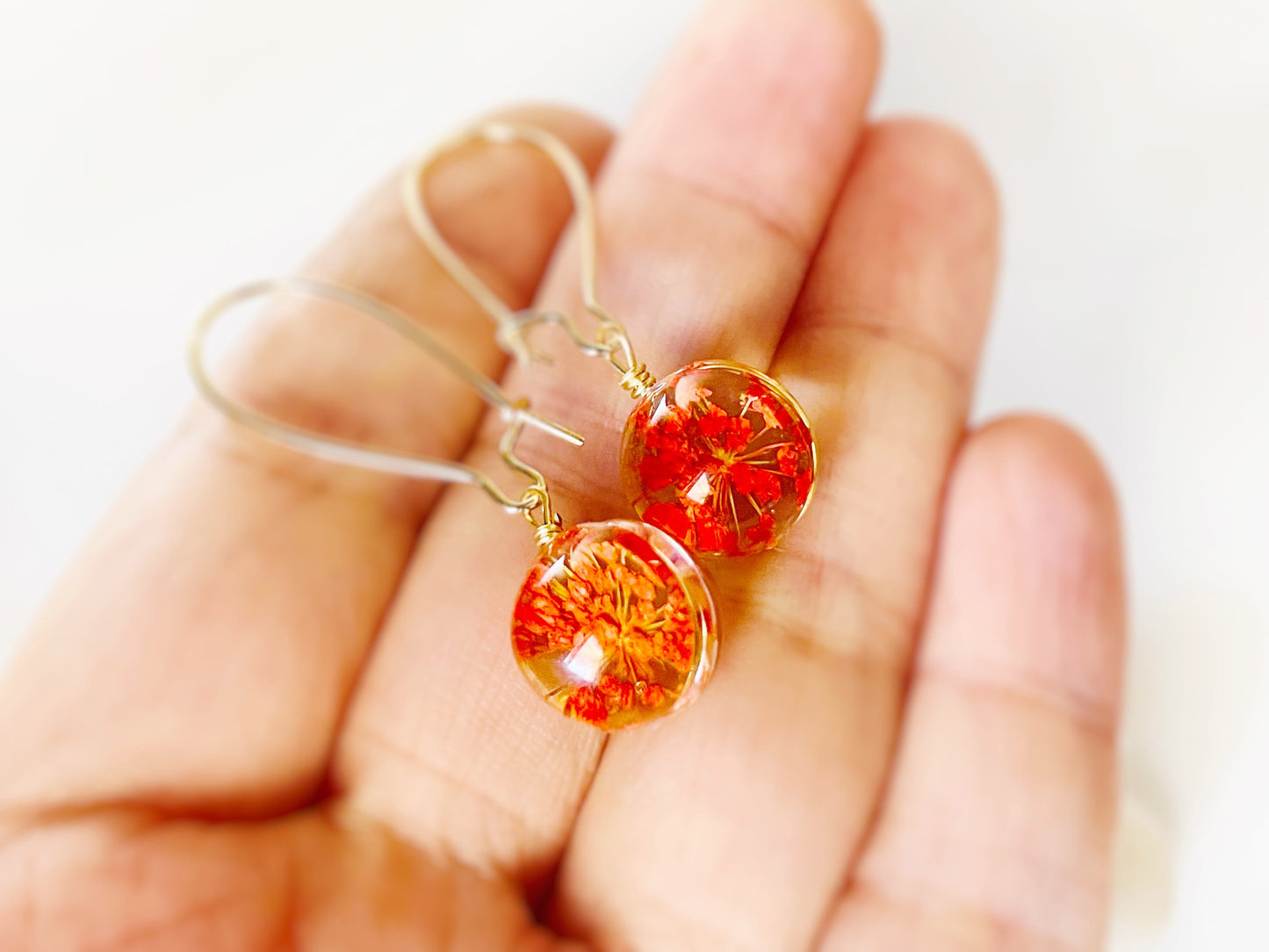 Orange fresh flower ball dangle earrings, fresh dried flower resin ball drop earrings, gift for mom, gift for her